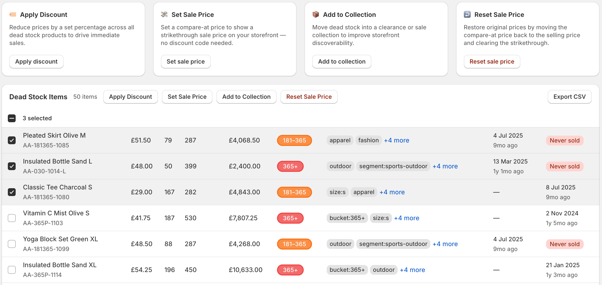 Dead Stock Items page with bulk action widgets and product table