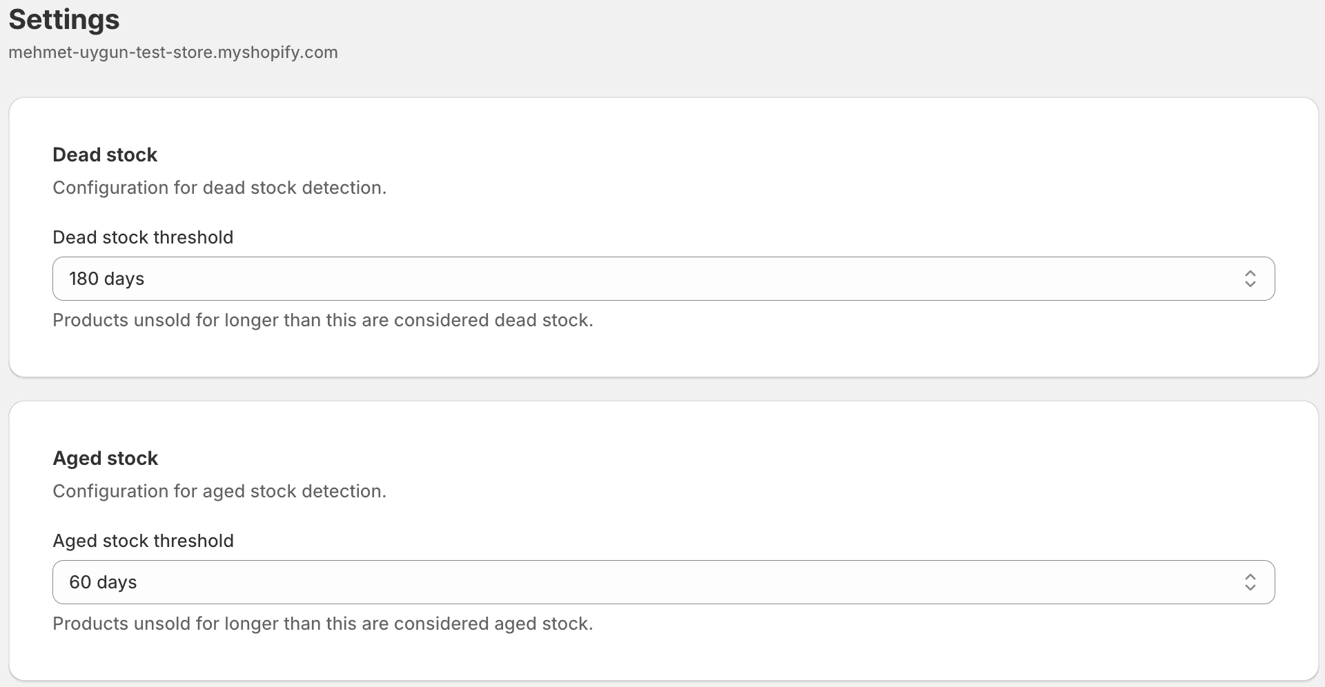 Settings page showing dead stock and aged stock threshold configuration